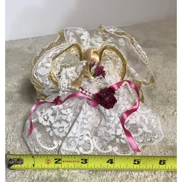Vintage Lace Angel Tree Topper With Gold Accents & Pink Ribbon 5 Inches Tall - Picture 6 of 8